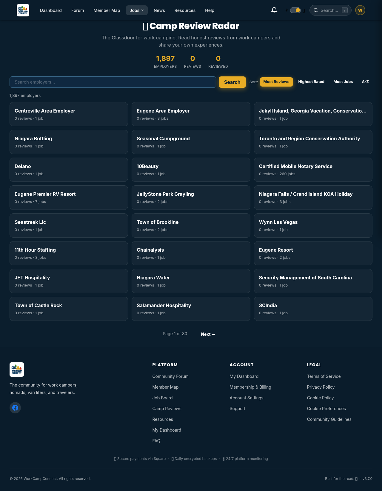 Camp Review Radar employer directory with search and sort options