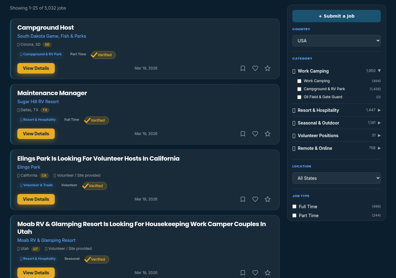 WorkCampConnect job listings showing job cards with titles, companies, locations, category badges, and sidebar filters