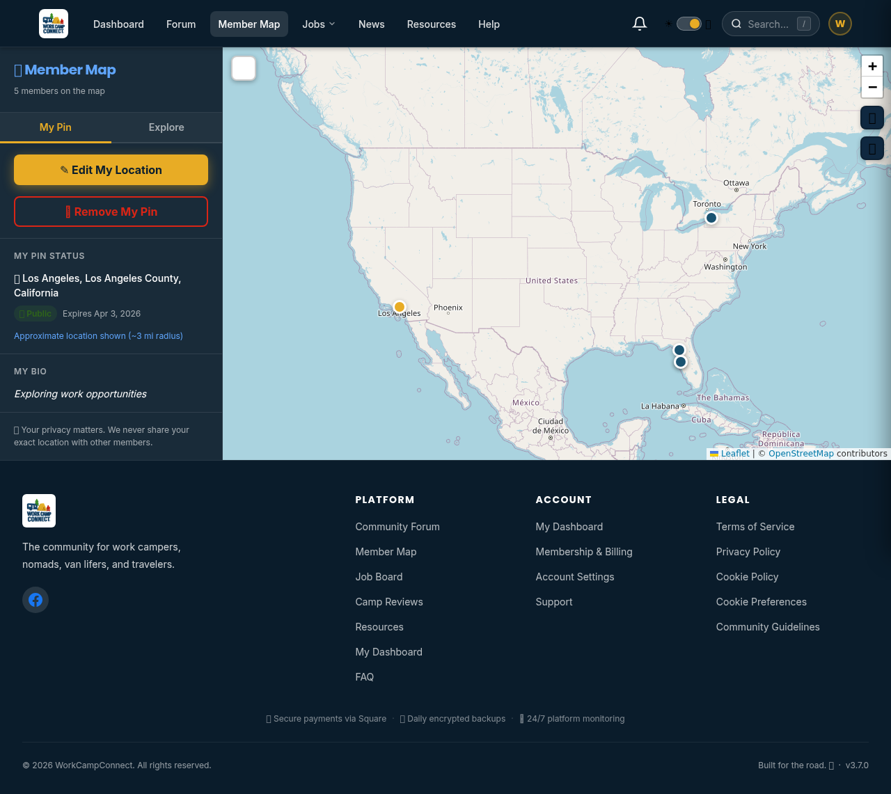 WorkCampConnect Member Map showing member locations across North America