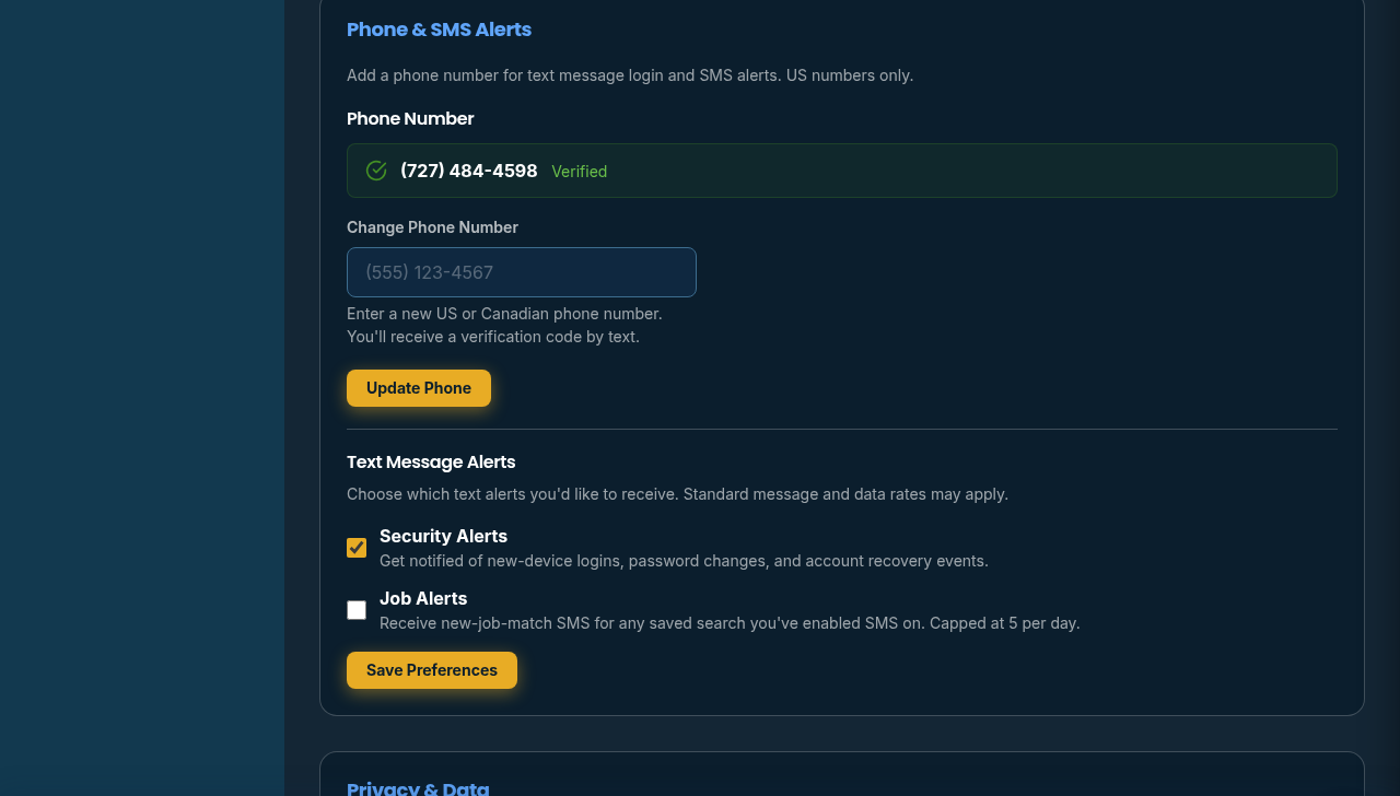Dashboard Phone & SMS Alerts card showing the verified phone number, Security Alerts checkbox (checked), Job Alerts checkbox (unchecked), and Save Preferences button.