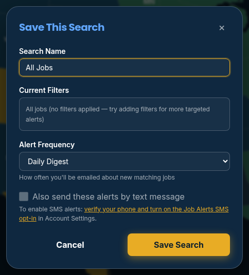 Save This Search modal on the WCC job board showing the 'Also send these alerts by text message' checkbox and the explanatory hint text.