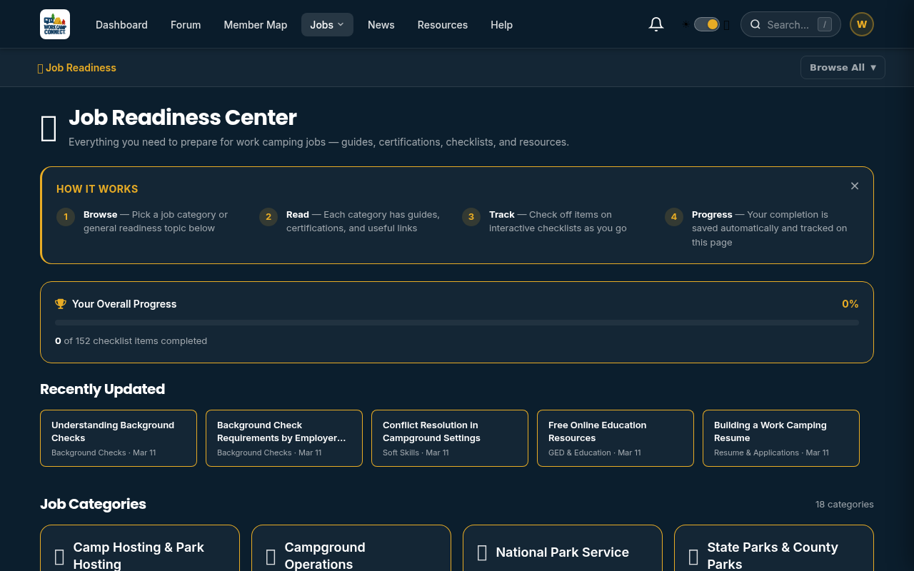 WorkCampConnect Job Readiness Center with guides, certifications, and checklists across 18 categories
