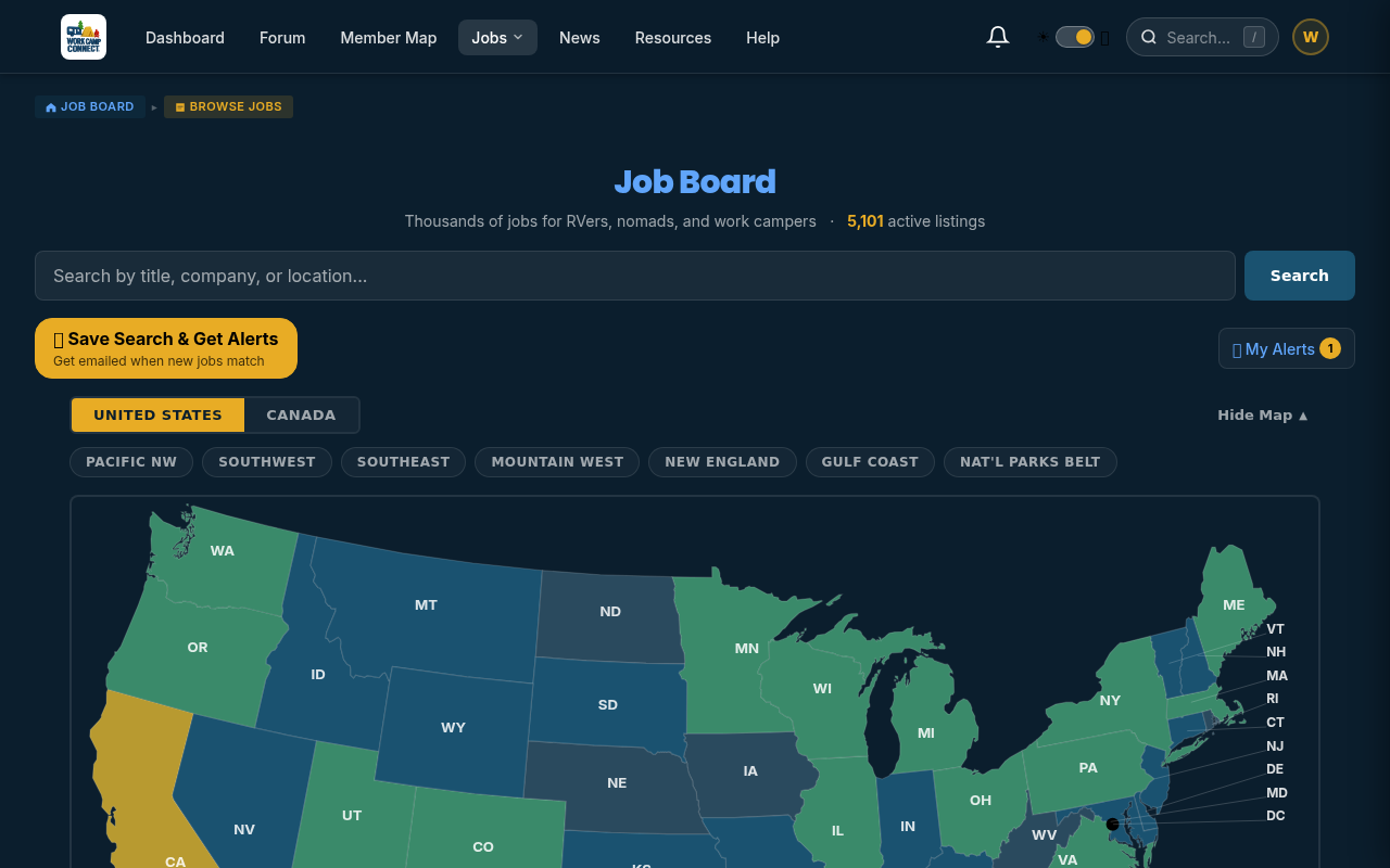 WorkCampConnect job browse page with interactive heat map of the United States and Canada