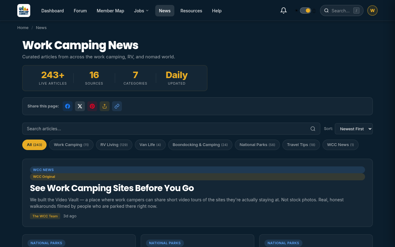 Work Camping News page showing over 240 articles from 16 sources across 7 categories