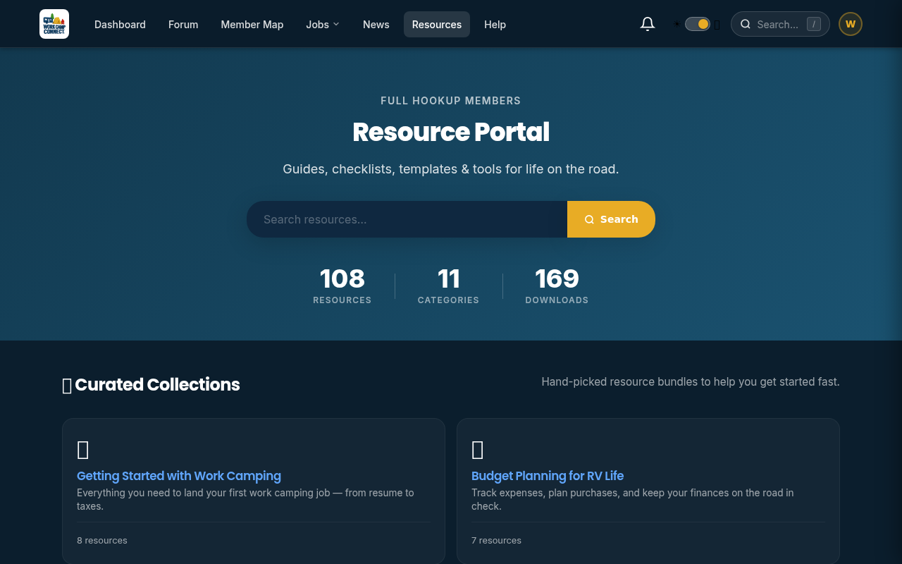 WorkCampConnect Resource Portal with 108 downloadable guides, checklists, and templates