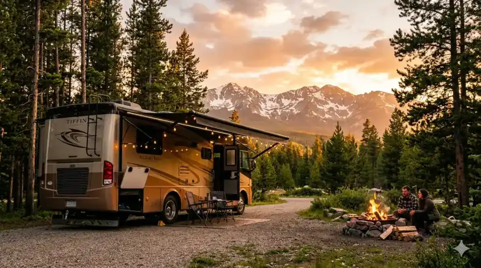 Class A motorhome at a mountain campground at sunset with couple by campfire and string lights on awning