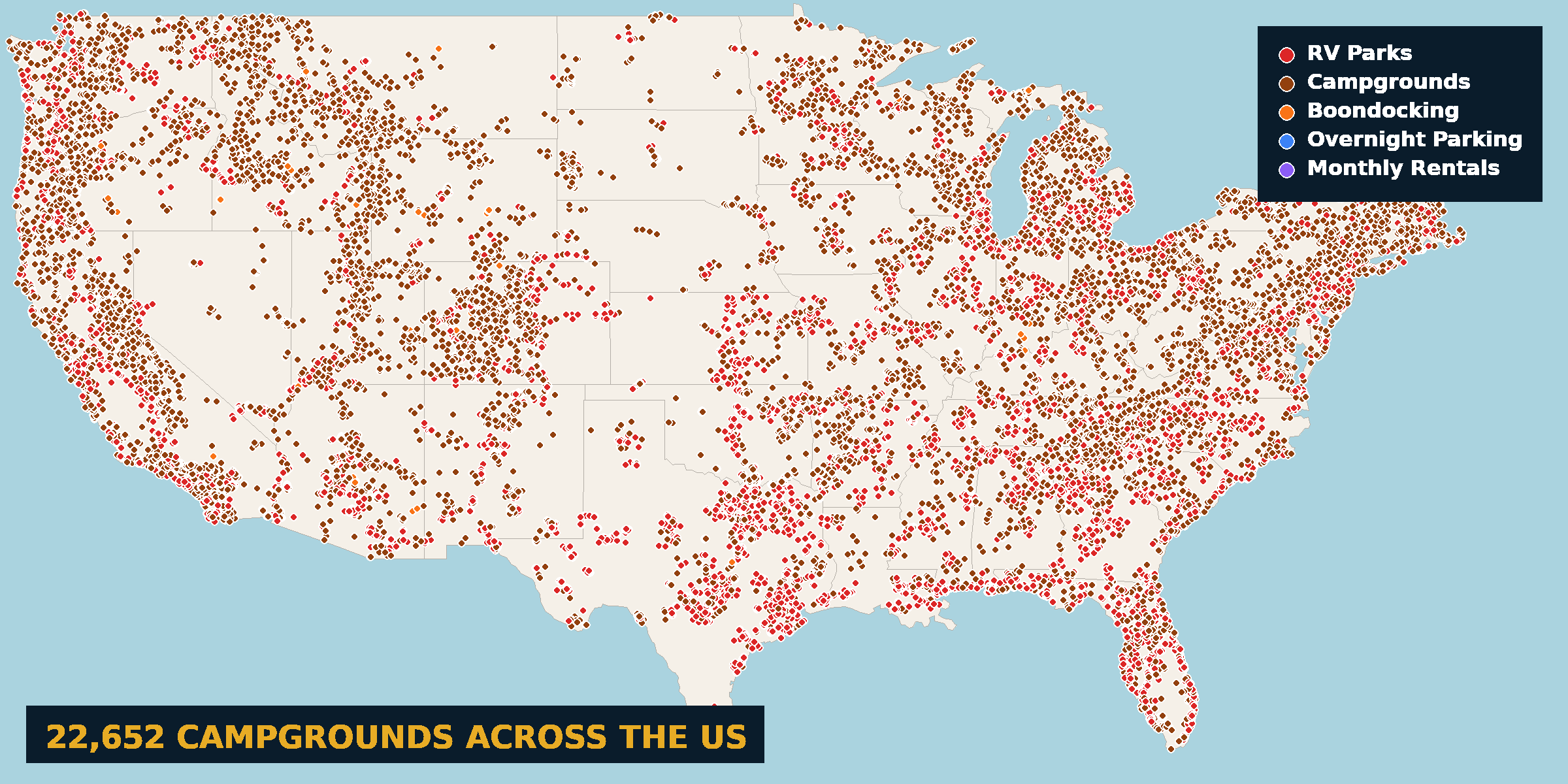 Site Scout map showing 24,704 campgrounds plotted across the United States
